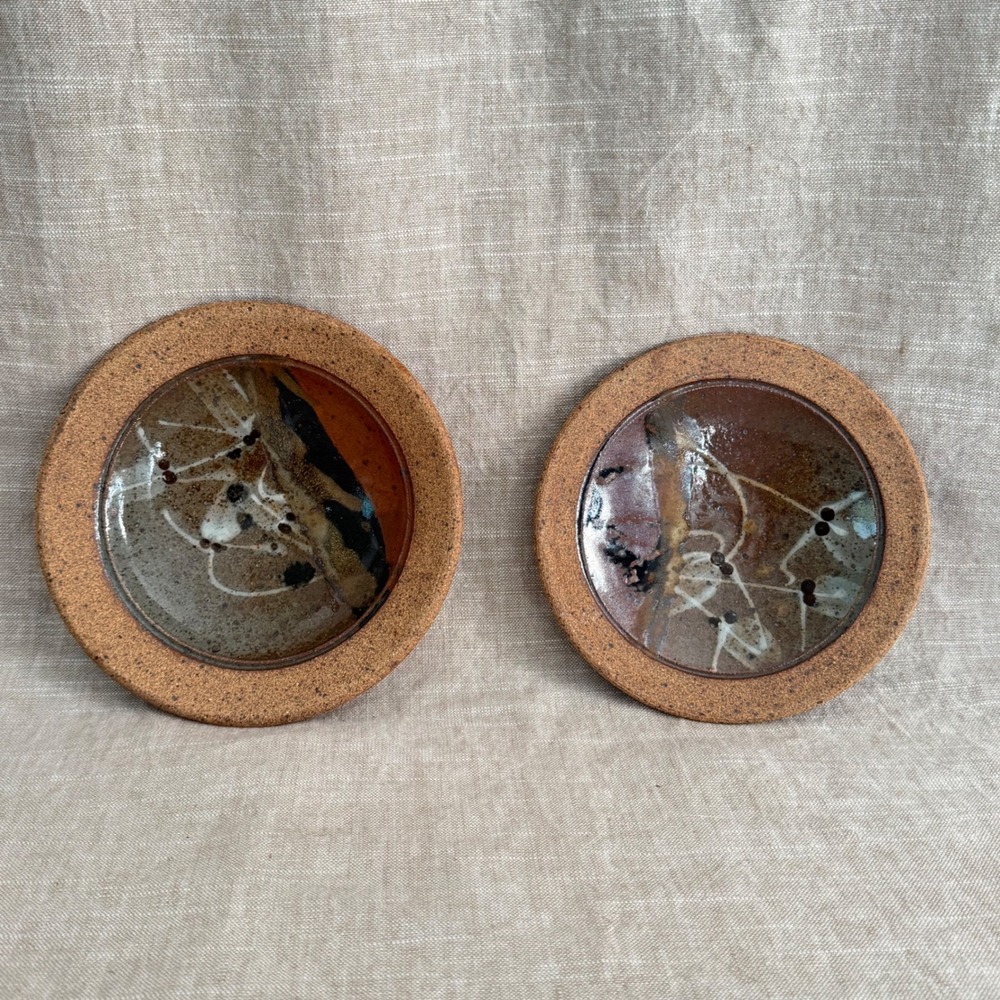 Signed Studio Pottery Plate Set Abstract Earth Tone Ceramic Salad Plates